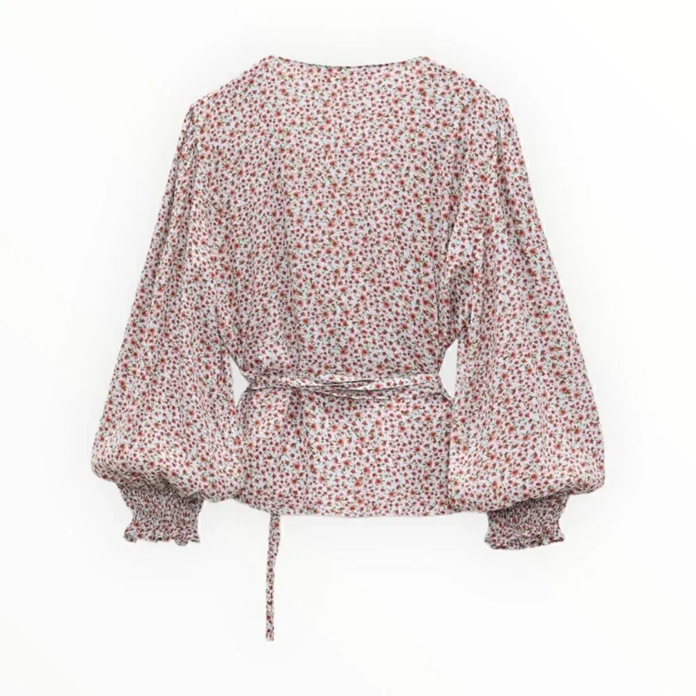 Zara Floral Print Wrap Blouse NWT Sizes S L V Neck Tie Waist Top